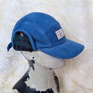 Bird Collective Blue Corduroy Winter Fall Earflap Cap with Plaid Lining